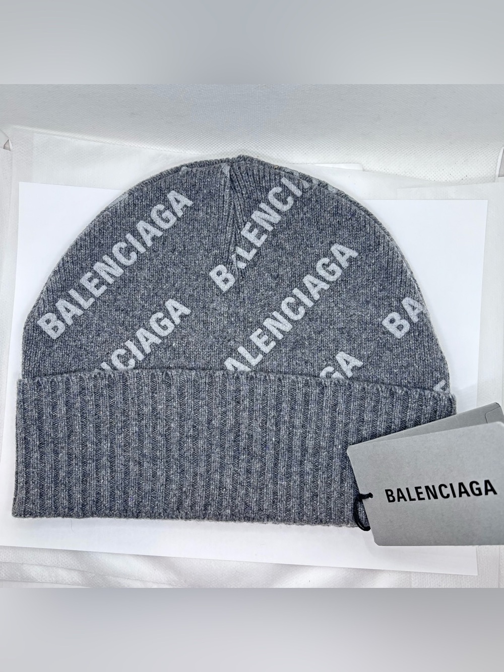 Balenciaga Grey Logo Cashmere Puff Reflective Knit Beanie